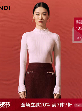 LANDI蓝地白色烫钻花边半高领优雅修身显瘦羊毛针织衫女冬新品