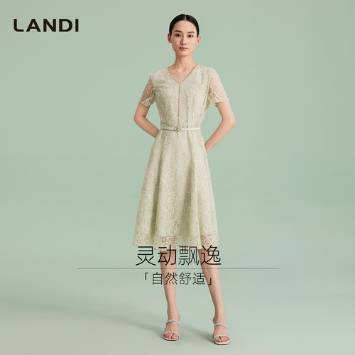 LANDI浅绿色蕾丝V领短袖连衣裙