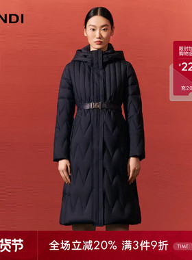 LANDI蓝地藏蓝色立领连帽不规则绗线收腰长款鹅绒羽绒服女冬新品