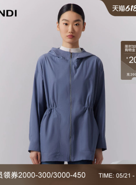 LANDI蓝地青蓝色立领连帽抽绳收腰中长款工装风衣外套女秋新品