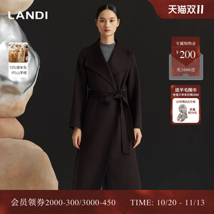 LANDI蓝地深棕色复古大翻领系带长款绵羊毛山羊绒毛呢大衣冬新品