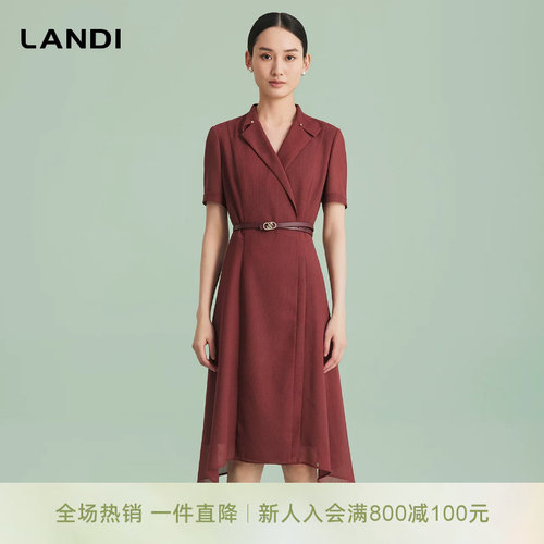 LANDI西装领波尔多红长款连衣裙