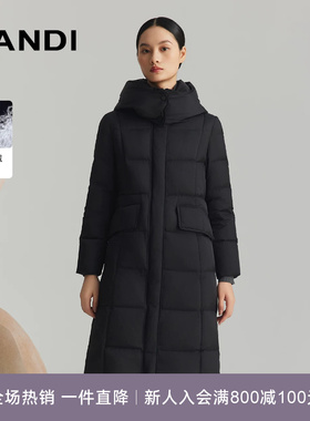 [商场同款]LANDI黑色立领连帽长款白鹅绒羽绒服女高级感冬新品