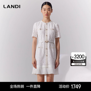 蕾丝连衣裙女2023年夏季 LANDI圆领短袖 系带裙子 商场同款 新款