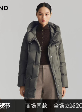 [商场同款]LANDI墨绿色廓形白鹅绒立领连帽羽绒服女中长款冬新品