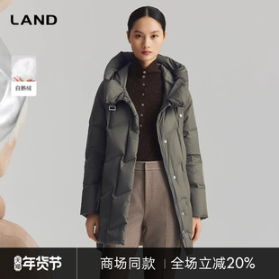 [商场同款]LANDI墨绿色廓形白鹅绒立领连帽羽绒服女中长款冬新品