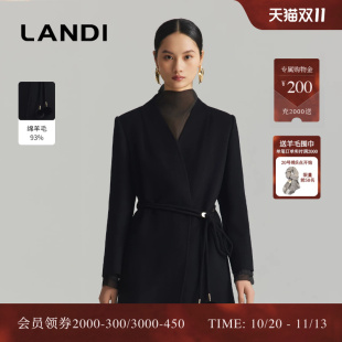 [小众设计感]LANDI无领绵羊毛山羊绒大衣女中长款毛呢外套冬新品