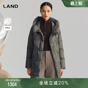 [商场同款]LANDI墨绿色廓形白鹅绒立领连帽羽绒服女中长款冬新品
