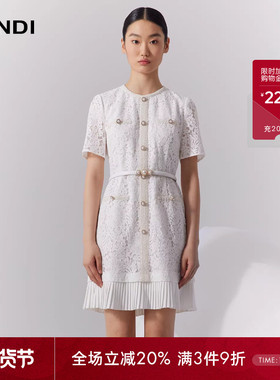 LANDI蓝地白色圆领短袖蕾丝连衣裙女珍珠扣设计感拼接下摆夏新品