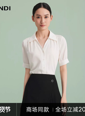 [商场同款]LANDI白色桑蚕丝职业感气质短袖衬衫女上衣衬衣夏新品