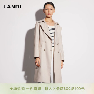 LANDI蓝地米白色双排扣重工高级感微收腰长款风衣外套女春新品