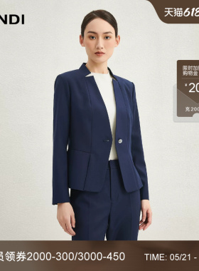 [商场同款]LANDI蓝地藏蓝色无领设计感羊毛收腰西装外套女秋新品