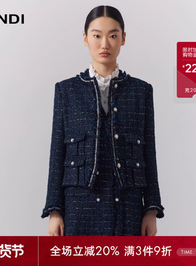 LANDI蓝地藏蓝色典雅气质圆领粗花呢编织小香风短款外套女冬新品