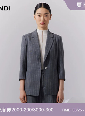 LANDI蓝地深灰色绵羊毛条纹西装外套女一粒扣收腰西服上衣秋新品