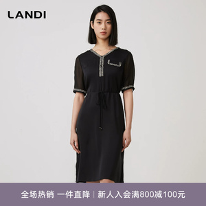 LANDI蓝地黑色优雅名媛风V领真丝短袖连衣裙女桑蚕丝裙子夏新品