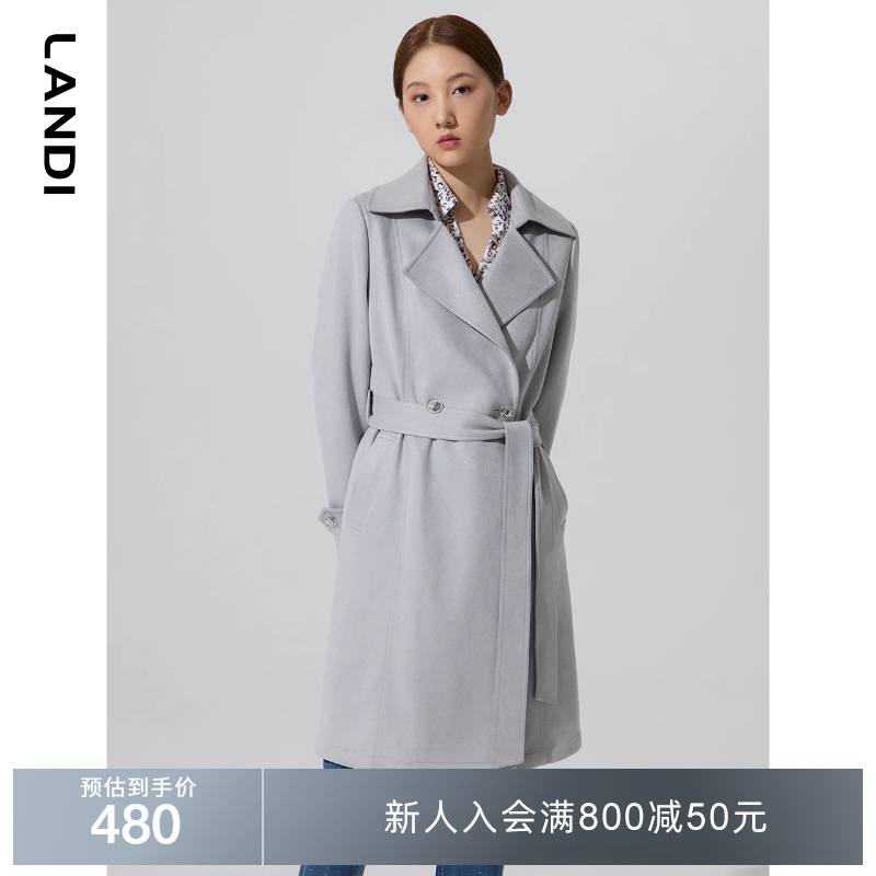 大翻领系带宽松中长款风衣