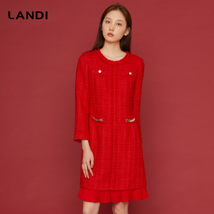 LANDI蓝地新禧红重工法式小香风设计感毛边圆领连衣裙女春新品