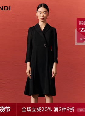 LANDI蓝地黑色通勤气质肩部捏褶收腰西装连衣裙女中长裙秋新品