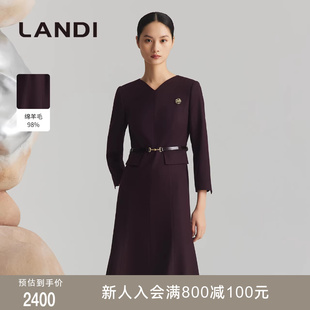 LANDI酒红色V领绵羊毛高级感职业收腰连衣裙女秋新品 商场同款