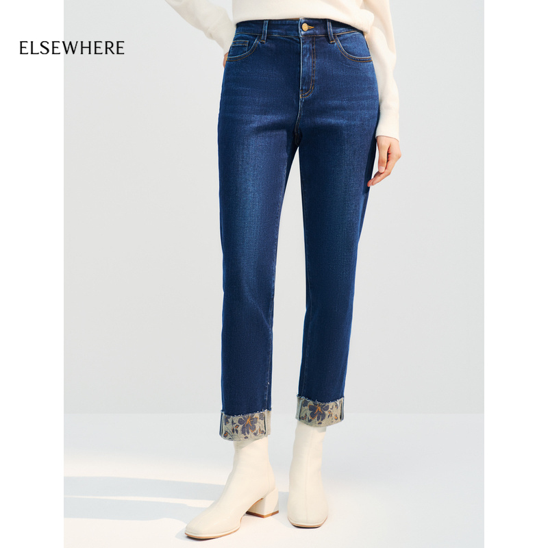卷边直筒牛仔裤ELSEWHERE珂思