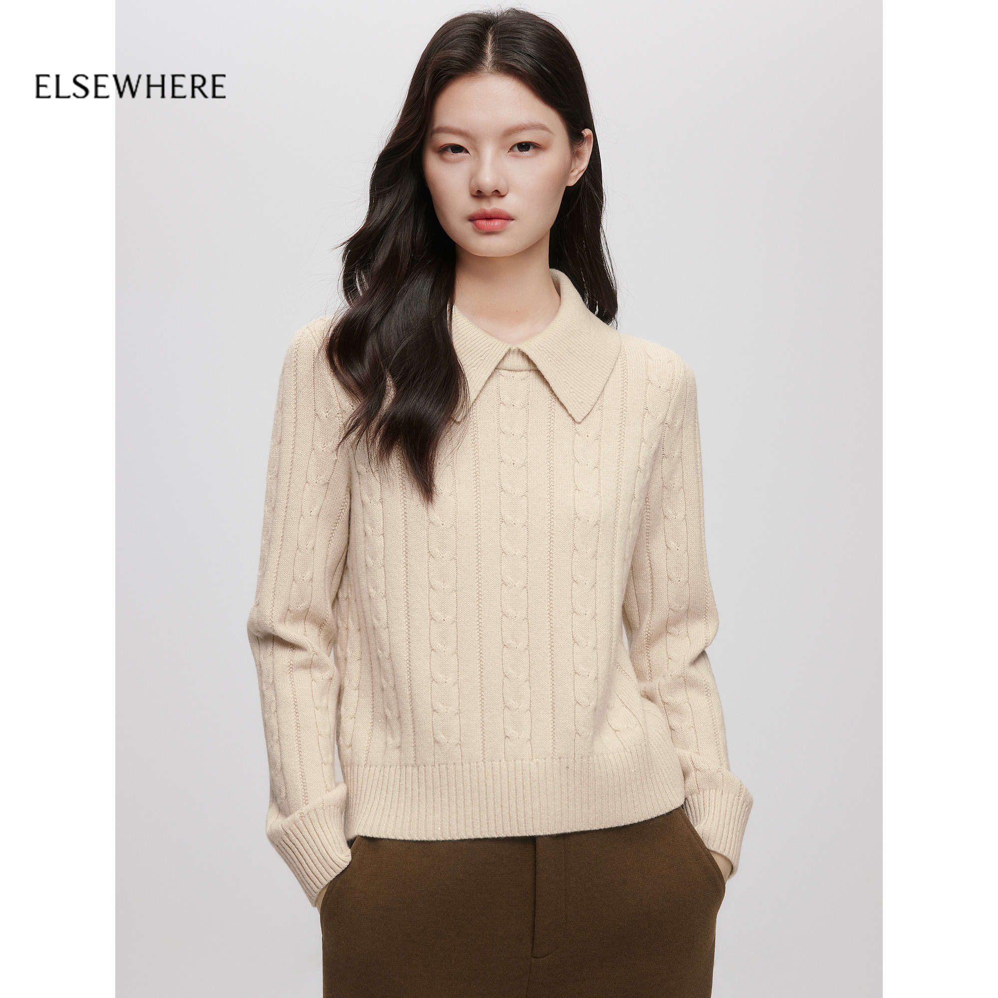 【美丽诺羊毛】ELSEWHERE珂思商场同款翻领绞花针织衫2025冬新款,女装/女士精品,毛针织衫,淘宝优惠券,粉丝福利购,淘宝优惠卷
