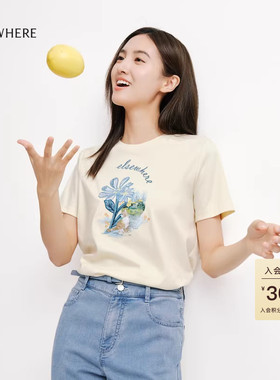 ELSEWHERE珂思【商场同款】时尚圆领纯棉短袖t恤女上衣夏季新款