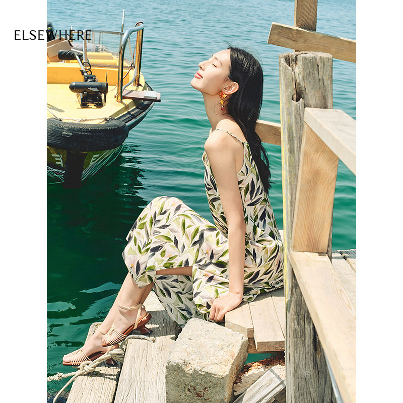 【桑蚕丝】ELSEWHERE珂思商场同款珠扣肩带吊带连衣裙女夏季新款