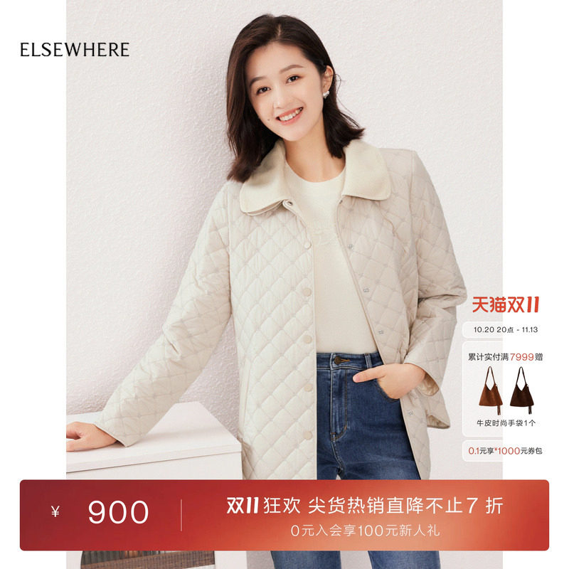 ELSEWHERE珂思中长款大翻领棉服外套女秋季新款