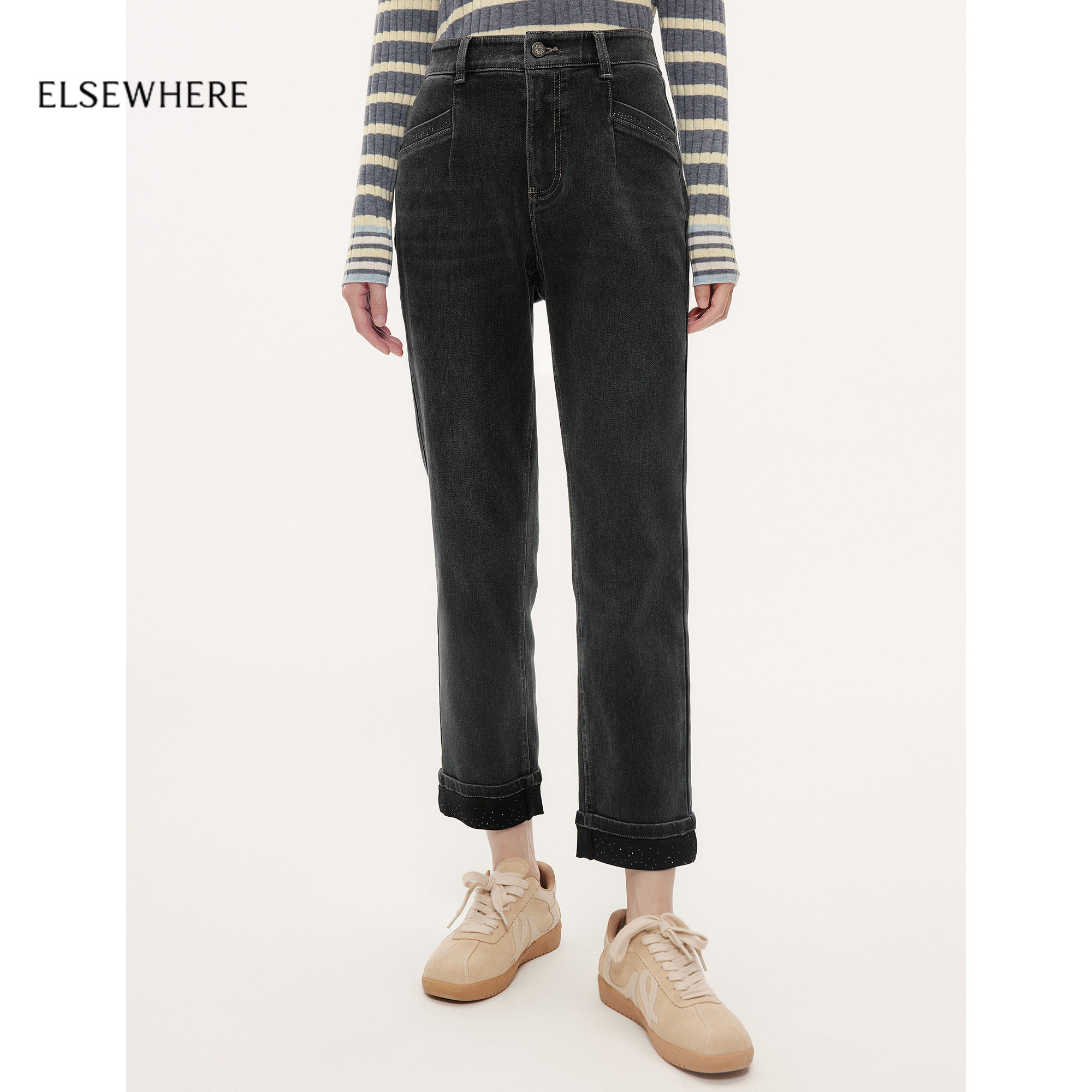 【新疆长绒棉】珂思商场同款时尚黑色卷边烟管牛仔裤女25秋季新款,女装/女士精品,牛仔裤,淘宝优惠券,粉丝福利购,淘宝优惠卷