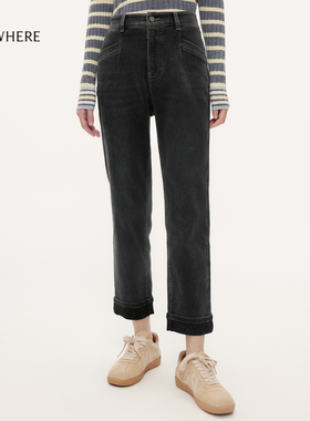 【新疆长绒棉】珂思商场同款时尚黑色卷边烟管牛仔裤女25秋季新款