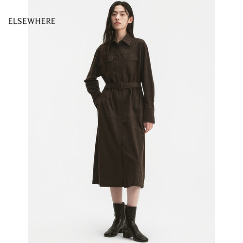 ELSEWHERE珂思利落工装风仿麂皮衬衫连衣裙2026秋季新款