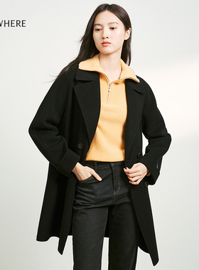 【山羊绒+桑蚕丝】ELSEWHERE珂思商场同款毛呢大衣女长外套冬新款