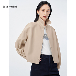 新款 ELSEWHERE珂思商场同款 休闲皮衣外套2026春季 立领灯笼袖 时尚