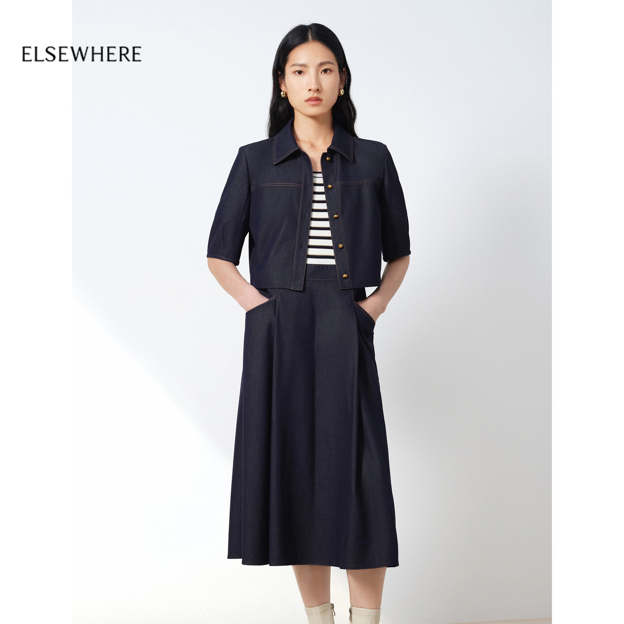 ELSEWHERE珂思商场同款率性修身牛仔两件套连衣裙2026春季新款