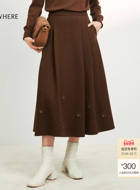 ELSEWHERE珂思【商场同款】百搭绵羊毛伞裙半身裙子女冬季新款