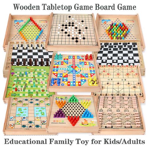 Wooden Tabletop Board Game Set -Checkers/Gobang/Flying Chess