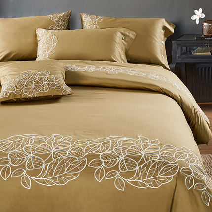 七好啄木鸟全棉刺绣四件套60S长绒棉贡缎绣花纯棉床上用品1.8m