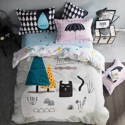 七好啄木鸟纯棉四件套全棉卡通北欧风1.8m床单被套简约床上用品