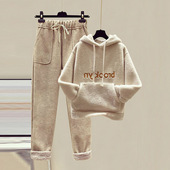 仿羊羔绒加厚套装 女两件套批发 女秋冬新刺绣卫衣女 毛呢阔腿裤