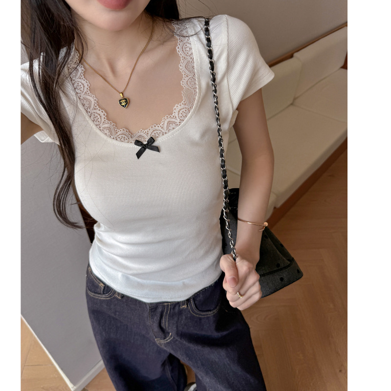 韩系蕾丝花边蝴蝶结螺纹打底衫正肩短袖t恤女小飞袖修身大U领
