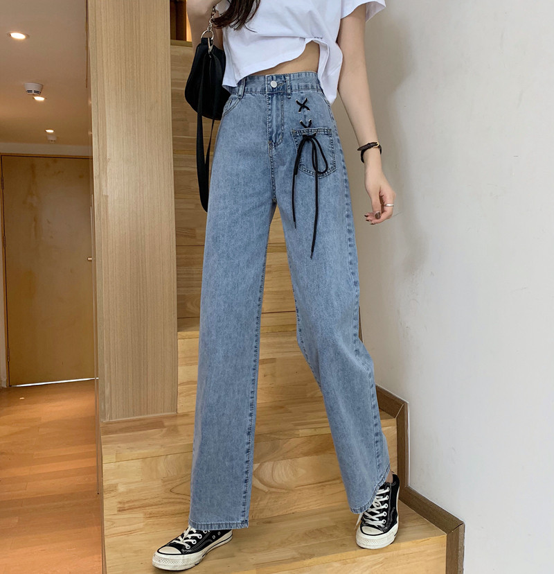 牛仔裤女阔腿直筒裤高腰小众设计系绳垂感时尚泫雅风百搭牛仔裤女