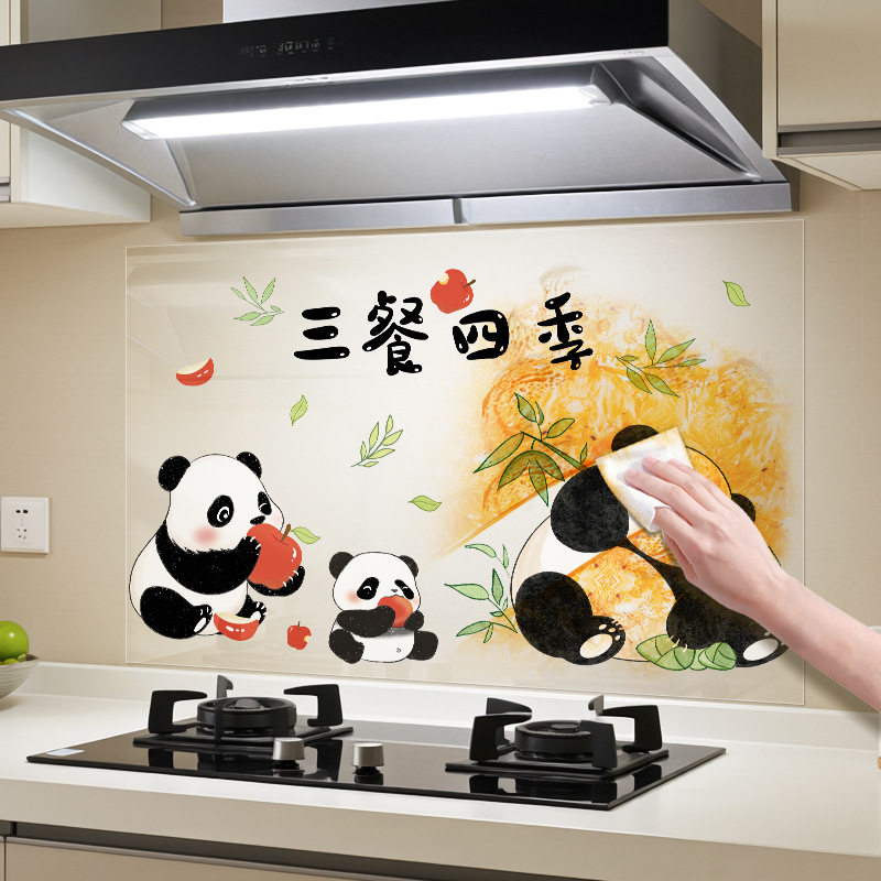 卡通熊猫竹子厨房防油贴纸静电贴防水耐高温加厚灶台墙贴纸定制
