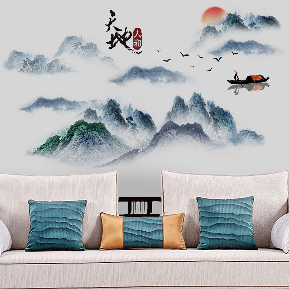 意境新风景墙贴山水背景古典客厅中式电视贴纸沙发装饰墙水墨卧室