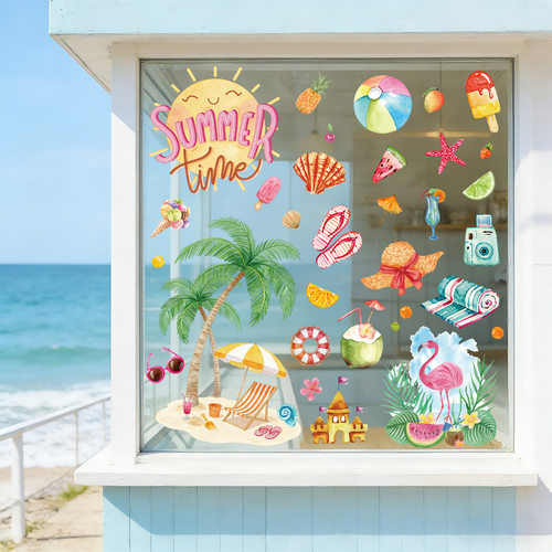 夏季夏威夷节静电窗贴水果沙滩阳台创意装饰贴纸