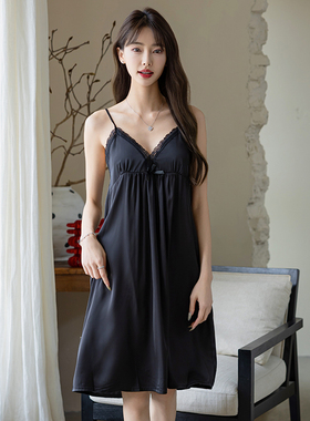 中长款睡裙带胸垫睡衣性感纯欲吊带薄冰丝连衣裙黑色蕾丝V领吊裙