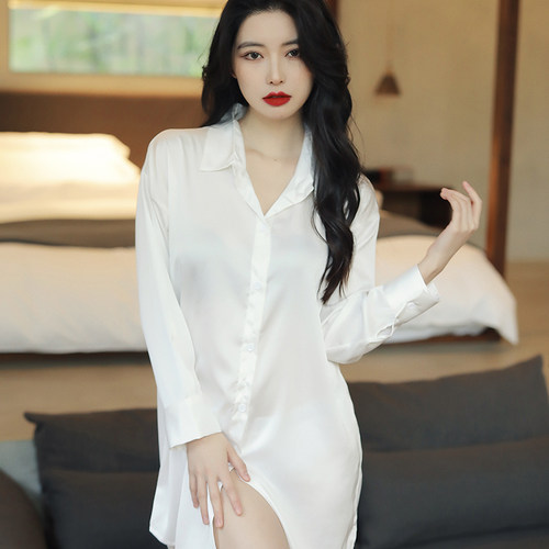 睡衣女性感白色衬衫睡裙春秋网红ins冰丝诱惑印花甜美夏季薄丝绸 - 封面