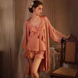 法式高级感睡衣女款2025新款夏季浴袍短裤三件套外穿家居服冰丝