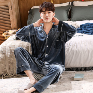 2025新款男士睡衣金丝绒春秋季长袖长裤V领秋冬家居服珊瑚绒套装