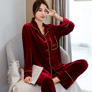 金丝绒长袖 秋冬款 秋冬天薄款 睡衣女士春秋季 家居服 红色本命年套装