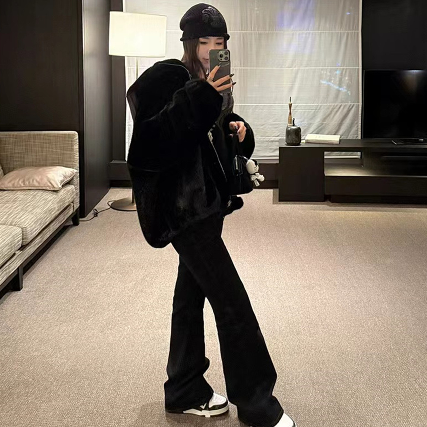 黑色大甩帽仿水貂毛皮毛一体皮草外套女冬季保暖宽松百搭显瘦棉衣